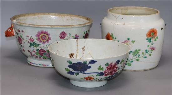 A Chinese famille rose tureen with rabbit head handles (lacking cover) (a.f.) and two other Chinese bowls (both a.f.)